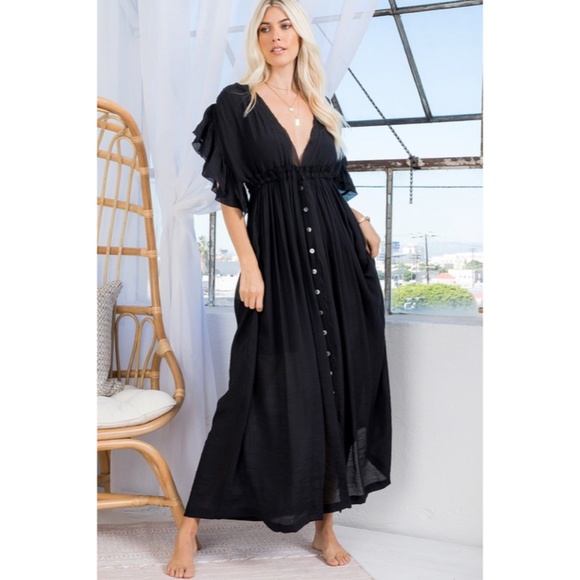 SOLD OUT Black Gauze Boho Button Short Slv Deep V Woven Gathered Maxi Dress - Picture 5 of 7